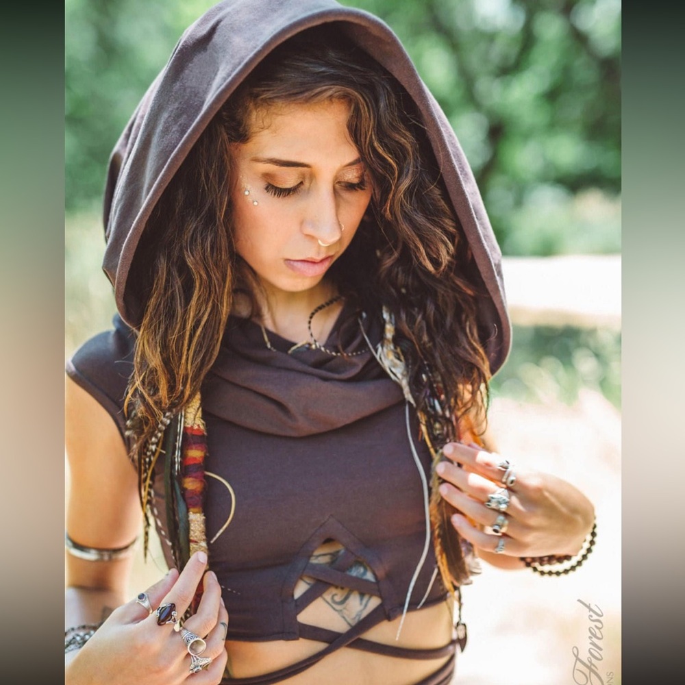 Boho Hooded Crop Top in Brown - Women's Festival Tank